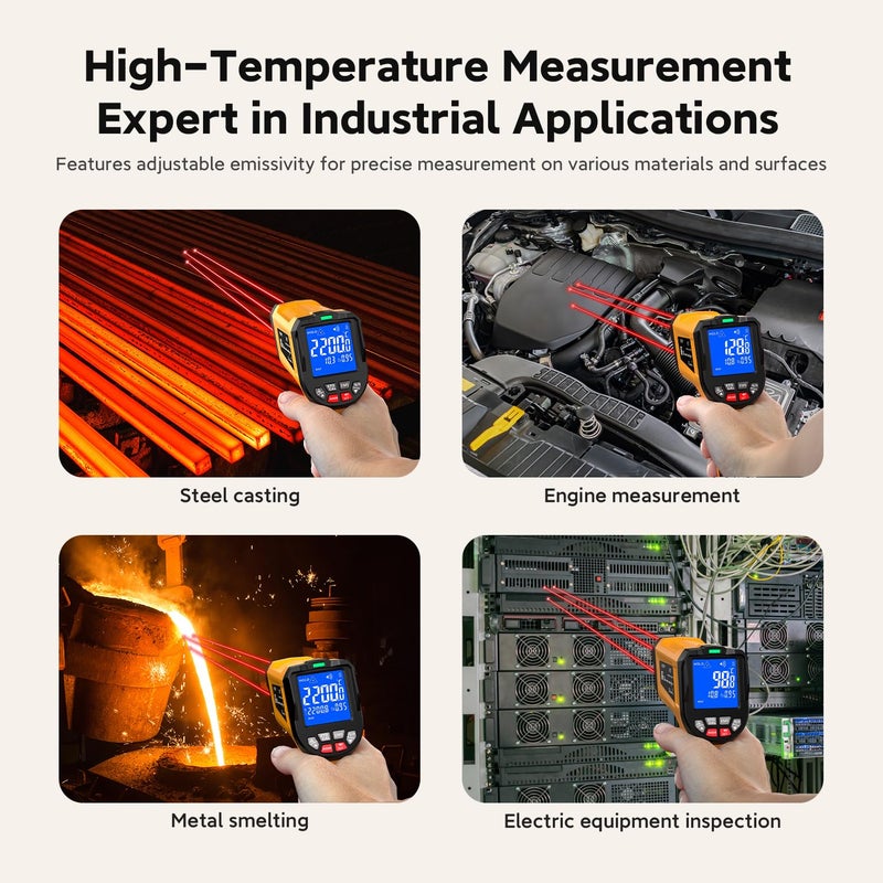 SURPEER -58°F to 3992°F Infrared Thermometer IR Gun, High-Temp Digital Temperature Gun 50:1 Non-Contact Pyrometer & Triple Laser for Kiln, Forge, Furnace, Engine, HVAC, Industrial Use - Image 5